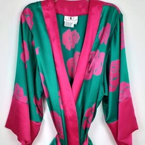 Flora Kung Vintage Floral Robe Kimono Teal Green with Pink Roses Fuchsia Korea